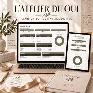 May include: A digital wedding planner titled L'Atelier du Oui displayed on a laptop and tablet screen, featuring budget, guest, and checklist tables with olive green accents. A matching physical notebook, a pen, and a card are placed on the table.