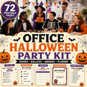 May include: An Office Halloween Party Kit featuring 72 printable pages including Halloween trivia, costume ballots, scorecards, award certificates, and a party planning checklist. The design includes pumpkins, spider webs, and bats.