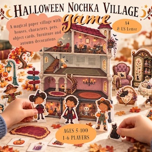 Może przedstawiać: Zestaw do gry Halloween Nochka Village zawierający wielopiętrowy papierowy dom, wycinanki postaci, meble i jesienne dekoracje. Zestaw zawiera szablony A4 i US Letter dla 1-6 graczy w wieku 5-100 lat oraz różne karty do gry.