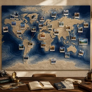 May include: A large rectangular wall map featuring a textured beige landmass against a deep blue ocean with layered topographic depth lines. Numerous small square photographs are pinned to various locations, connected by thin colored string lines.