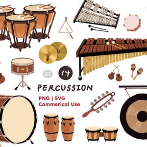 Può includere: Una collezione di strumenti a percussione tra cui timpani, uno xilofono, una grancassa, un gong, piatti, nacchere, maracas, un triangolo e un tamburello. Il testo recita PERCUSSION, PNG | SVG e Commerical Use.