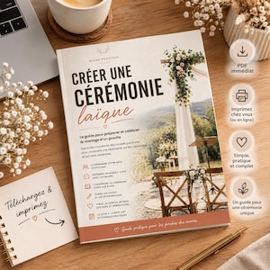 Peut inclure: Un guide pratique intitulé Créer une cérémonie laïque avec une couverture illustrée d'une arche de mariage, de chaises et de compositions florales. Le livre contient du texte sur la préparation et la célébration d'un mariage avec des icônes.