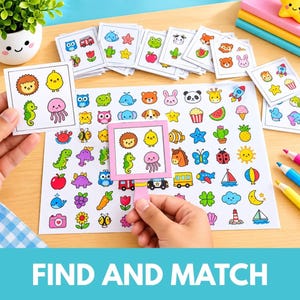 Puede incluir: Un juego de buscar y emparejar que incluye una hoja blanca grande impresa con una cuadrícula de iconos de dibujos animados coloridos, varias tarjetas cuadradas pequeñas con iconos a juego y una herramienta de marco cuadrado.