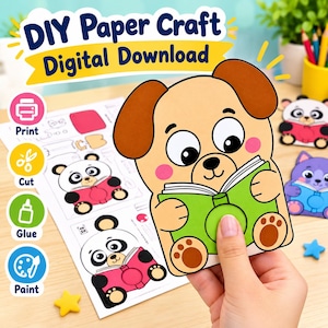 Poupées en papier d'animaux aux yeux mobiles, prêtes à imprimer : bricolage d'animaux colorés, activité imprimable pour enfants « Amis lecteurs », jouet en papier à faire soi-même (téléchargement numérique).