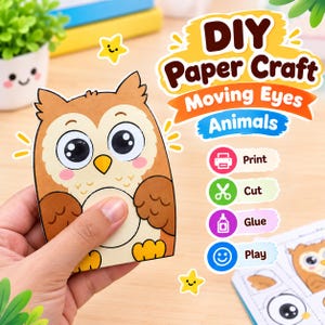 Puede incluir: Un kit de manualidades de papel con un búho marrón de ojos móviles. El texto dice DIY Paper Craft Moving Eyes Animals, Print, Cut, Glue y Play. El kit incluye instrucciones y plantillas impresas para crear figuras de animales.