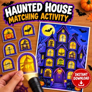 May include: A Haunted House Matching Activity set featuring a large rectangular print of a dark mansion with illuminated windows containing various characters, alongside several individual window-shaped cutouts with matching figures.