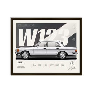 Puede incluir: Un póster enmarcado que muestra una ilustración de perfil lateral de un sedán Mercedes-Benz W123 280E plateado. El gráfico incluye el texto W123, especificaciones técnicas y el logotipo de Mercedes-Benz sobre un fondo geométrico blanco y gris.