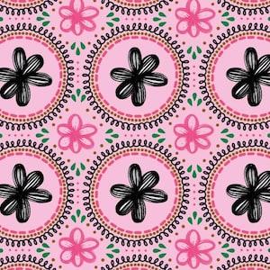 May include: A repeating pattern on a light pink background featuring black line-drawn flowers centered within circular frames. The frames consist of concentric rings of brown dots, pink dashes, and black swirls, with small pink flowers and green leaves.