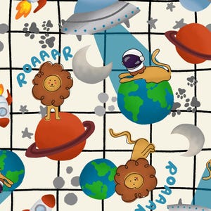 May include: A repeating pattern on a cream background with a black grid featuring cartoon lions, some wearing astronaut helmets, planets with rings, Earth, rockets with orange flames, crescent moons, and the blue text ROAAAR.