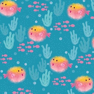 May include: A repeating pattern on a teal background featuring round, pink and yellow pufferfish with small fins. The design includes light blue seaweed stalks, small pink fish swimming in schools, and white dots representing bubbles in the water.