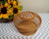 Marquetry Inlay Wood Box Lidded Basket Woven Decor Asian Minimalist Wood Spindles