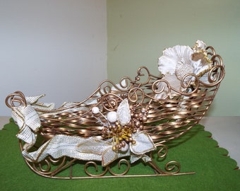 Wood Look Ceramic Sleigh 1960s CMC Planter Christmas Decor. Detailed Holly Design Vintage Sleigh Planter Victorian Christmas Planter