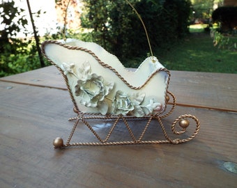 Wood Look Ceramic Sleigh 1960s CMC Planter Christmas Decor. Detailed Holly Design Vintage Sleigh Planter Victorian Christmas Planter