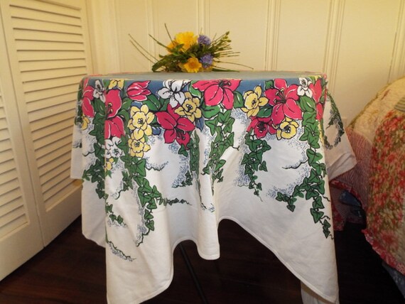 Large 57 x 100 Floral Tablecloth Damask Pinks Yellow Purple Full Bloom Flowers Picnic Summer Spring Wedding