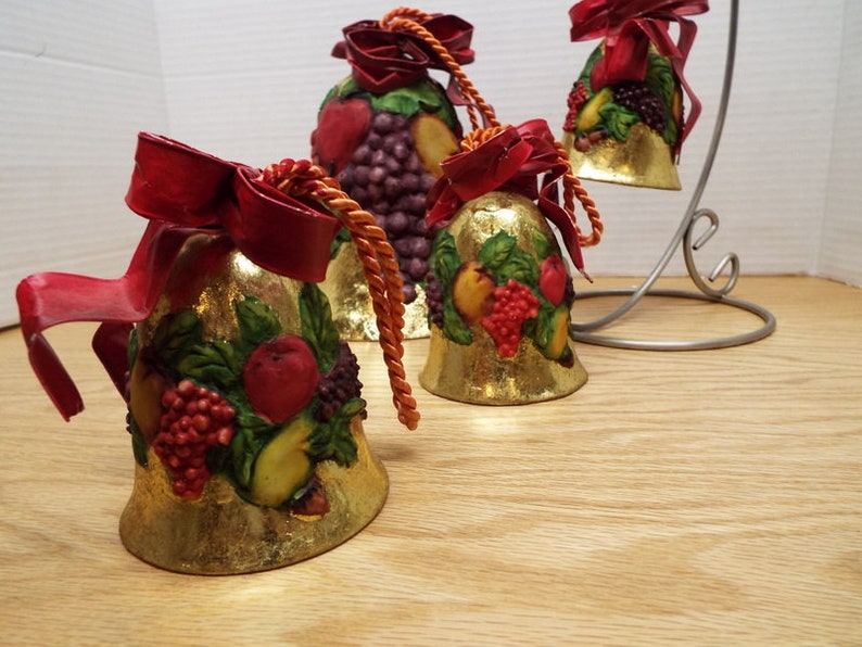 Rare Dept 56 Gold Foil Raised Fruit Bells Wired Ribbon Hanging Cord