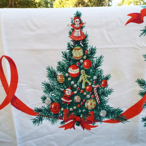 Rare 1950's Christmas Tablecloth Vintage Linen 58 X 52  Mid Century Christmas Trees