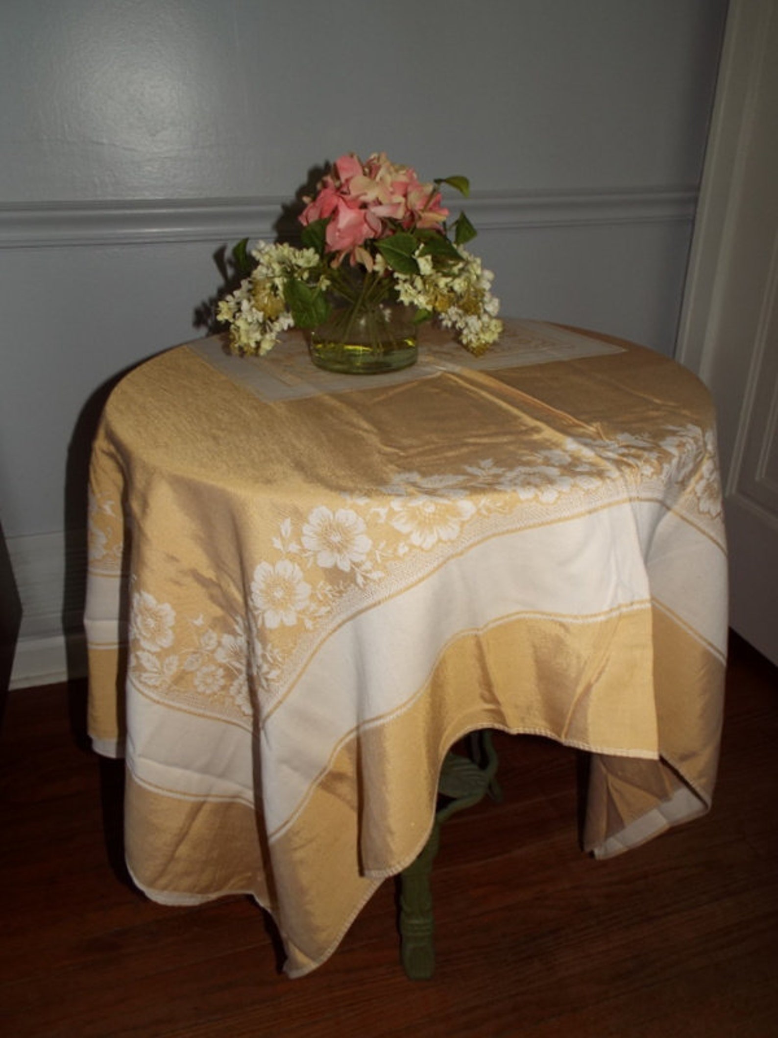 Vintage Gold Damask Tablecloth Cottage Chic Hollywood Regency Etsy