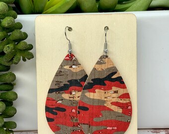 Small Camo EarringsCamouflage Cork Teardrop EarringsMilitary Lightweight EarringGift for Her under 10Statement Dangle and Drop Earrings