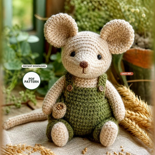 Mouse Crochet Pattern PDF: Garden Mouse in Dungarees, Instant Download
