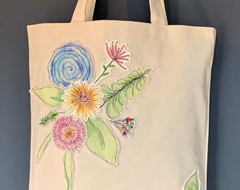 Floral Canvas Tote, Hand Painted Tote, Aesthetic Tote Bag, Wildflowers, Beach Bag, Book Tote, Market Bag, Shoulder Bag, Handbags, Top Handle