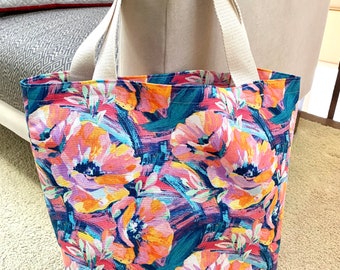 Canvas Tote Bag, Watercolor Flower Fabric, Sturdy Handles, Shopping Bag, Beach Bag, Grocery Bag, Neatly Stitched, Travel Bag, Shoulder Bag