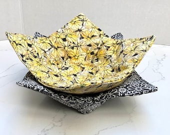 Microwave Safe Bowl Holder, Bowl Cozy, Hot Bowl Holder, Reversible, Soup Bowl Cozy, Cozies, Flowers, Yellow, Black, Kitchen Decor