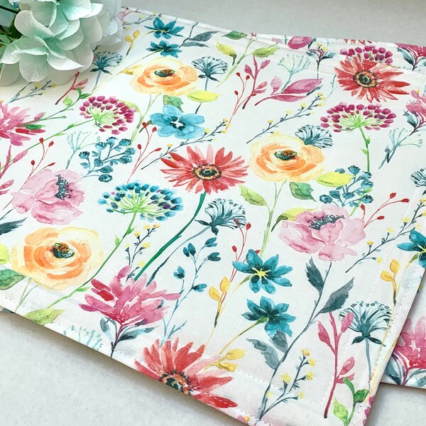 Fabric Placemats, Flowers, Garden, Nature, Watercolor, Dinner Placemats, Table Place Mats, Thick, Set of 4, Set of 2, Housewarming Gift