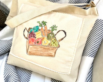 Zipper Tote Bag, Hand Painted Tote, Crossbody Bag, Tote, Side Pocket, Vegetables, Farmers Market, Market Bag, Shoulder Bag, Inside Pockets