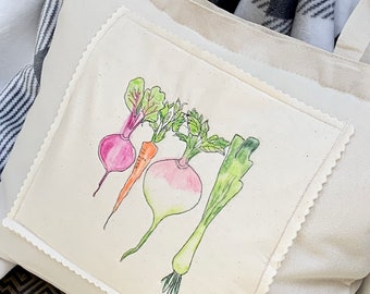 Zipper Tote Bag, Hand Painted Tote, Canvas Tote Bag, Side Pocket, Vegetables, Farmers Market, Market Bag, Shoulder Bag, Handbag, Handle