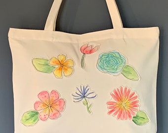 Floral Canvas Tote, Hand Painted Tote, Zipper Tote Bag, Wildflowers, Beach Bag, Book Tote, Market Bag, Shoulder Bag, Handbags, Top Handle