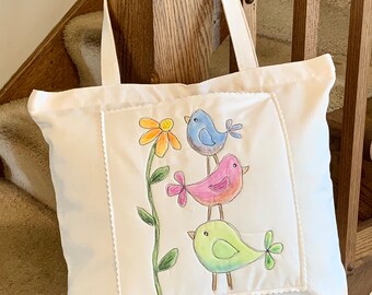 Canvas Tote Bag, Hand Painted Tote, Zipper Tote Bag, Side Pocket, Birds, Beach Bag, Book Tote, Market Bag, Shoulder Bag, Handbag, Top Handle