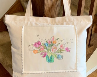 Canvas Tote Bag, Hand Painted Tote, Zipper Tote Bag, Side Pocket, Flowers, Beach Bag, Book Tote, Market Bag, Shoulder Bag, Handbag, Handle