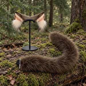 Set med kattöron och svans i fuskpäls, 80 cm kattsvanskostym, cosplaytillbehör i specialfärg, handgjort pannband med djuröron, lurvig kostymset