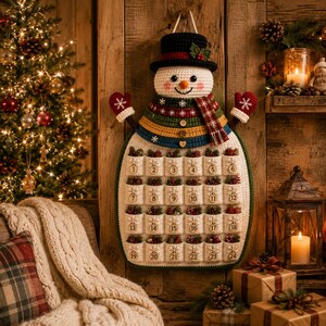 May include: A crocheted snowman wall hanging serving as an advent calendar with twenty-four numbered pockets. The snowman wears a black top hat, a multi-colored striped scarf, and red mittens. Each pocket features a small wooden number tag.