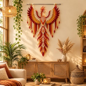 May include: A large macrame wall hanging depicting a phoenix with outstretched wings, crafted from knotted cord in shades of red, orange, yellow, and cream. The design features intricate feather-like patterns and long, flowing fringe tassels.