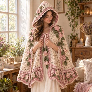 May include: A cream-colored crochet hooded cape featuring intricate floral embellishments in shades of pink and sage green. The garment includes a hood, a tie closure at the neck with dangling floral accents, and a decorative border of leaves and flowers.