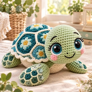 May include: A crocheted turtle plush toy featuring a light green head with large black eyes, long eyelashes, and pink cheeks. The shell is constructed from teal and cream-coloured floral granny squares with a scalloped cream border edge.