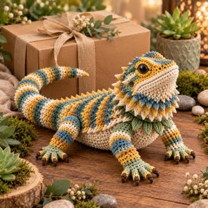 Puede incluir: Un juguete de peluche de dragón barbudo tejido a ganchillo con un patrón de rayas en tonos verde azulado, amarillo, crema y verde. El lagarto tiene una barba texturizada y puntiaguda alrededor del cuello, ojos marrón oscuro y garras.