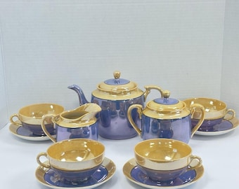 Conjunto de chá Lustreware azul e pêssego iridescente, 11 peças, estilo Art Déco