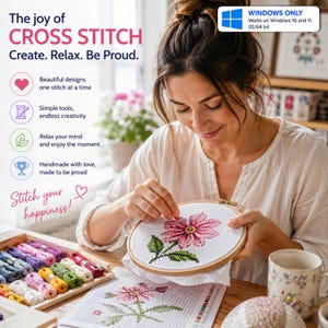 May include: A cross stitch kit featuring a wooden hoop with a pink flower design on white fabric, a wooden tray with colourful embroidery floss, and a printed pattern guide. Text includes The joy of CROSS STITCH, Create. Relax. Be Proud. and WINDOWS ONLY.
