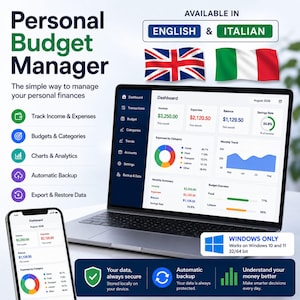 Könnte beinhalten: Eine digitale Software zur persönlichen Budgetverwaltung auf einem Laptop- und Smartphone-Bildschirm. Die Benutzeroberfläche zeigt Finanz-Dashboards mit Einnahmen, Ausgaben und Diagrammen. Text: Personal Budget Manager.