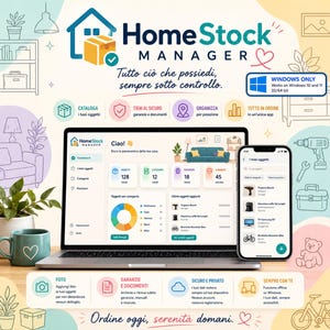 Op de afbeelding: Een digitale software-interface genaamd HomeStock MANAGER weergegeven op een laptop- en smartphonescherm. Het dashboard toont inventarisstatistieken, categorieën en objectlijsten. Een Windows Only-badge geeft de compatibiliteit aan.