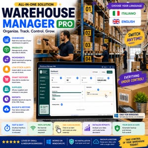 以下が含まれることがあります： Warehouse Manager Proソフトウェアのダッシュボードを表示するノートパソコン。在庫追跡、在庫アラート、レポートツールを備えています。画面には、アイテム、ユニット、再注文状況に関するデータが表示され、ダッシュボード、製品、移動、バックアップなどの機能リストが含まれています。