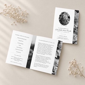 May include: A funeral service program featuring a black and white floral border, a portrait of Elizabeth Anne Brooks, and text detailing the service schedule, pallbearers, and a biography titled In Remembrance of Her Life, printed on white paper.