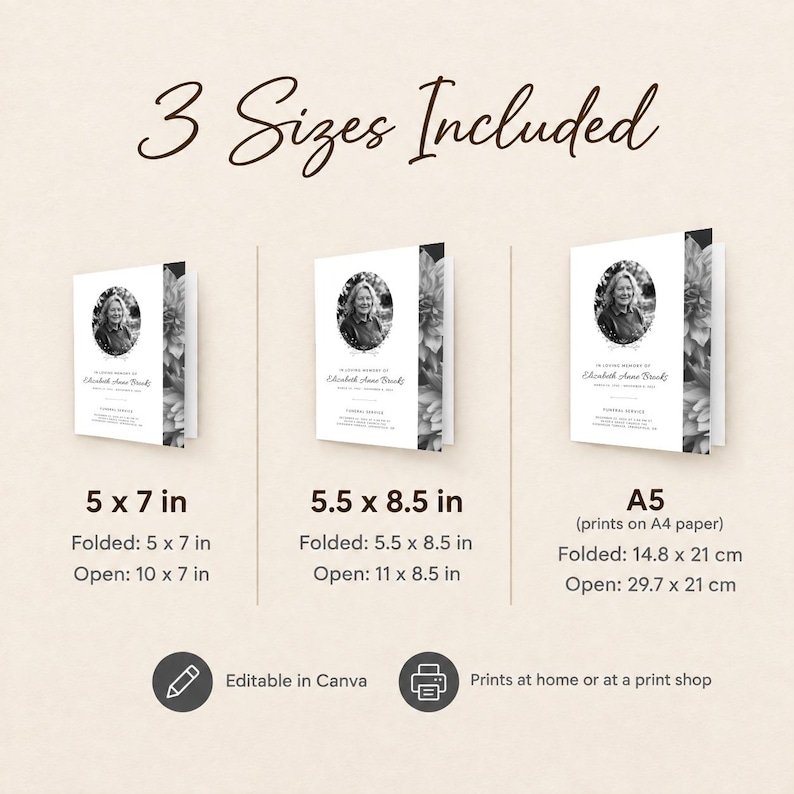 May include: Three funeral program templates with black and white floral designs and portrait ovals. Text includes 3 Sizes Included, 5 x 7 in, 5.5 x 8.5 in, A5, Editable in Canva, and Prints at home or at a print shop. Folded and open dimensions are listed.