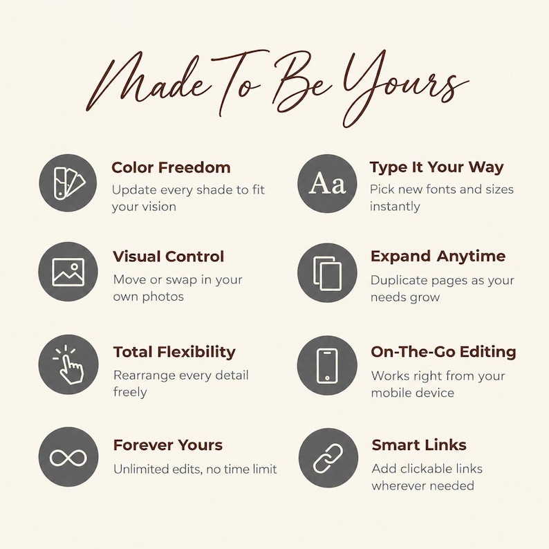 May include: An informational graphic titled Made To Be Yours featuring eight dark gray circular icons with white symbols. The text lists features including Color Freedom, Type It Your Way, Visual Control, Expand Anytime, Total Flexibility, On-The-Go Editing, Forever Yours, and Smart Links with brief descriptions for each.