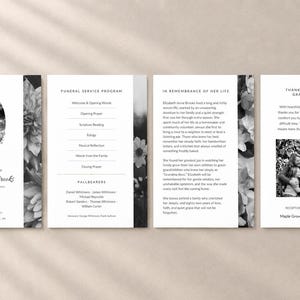 May include: A four-page black and white funeral program featuring a portrait of Elizabeth Anne Brooks, a service order, a biography titled In Remembrance of Her Life, and a thank you note with a family photograph, all accented by floral motifs.