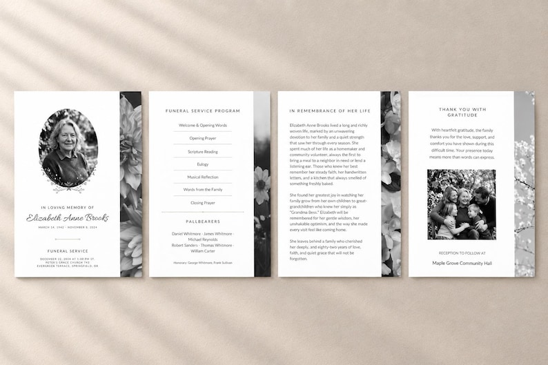 May include: A four-page black and white funeral program featuring a portrait of Elizabeth Anne Brooks, a service order, a biography titled In Remembrance of Her Life, and a thank you note with a family photograph, all accented by floral motifs.