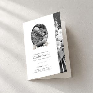 Könnte beinhalten: Eine gefaltete Trauerprogrammkarte mit einem schwarz-weißen ovalen Foto einer älteren Person und eines Kindes. Der Text lautet: IN LOVING MEMORY OF WALTER PRESCOTT, MARCH 14, 1942 - NOVEMBER 8, 2024, FUNERAL SERVICE, DECEMBER 22, 2024 AT 5:00 PM ST. PETER'S GRACE CHURCH 742 EVERGREEN TERRACE, SPRINGFIELD, OR.