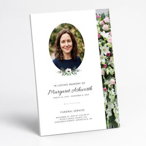 Op de afbeelding: Een uitvaartprogramma met een portret van Margaret Ashworth in een ovaal kader, versierd met aquarelbloemen. De tekst luidt: In Loving Memory of Margaret Ashworth, March 14, 1942 - November 8, 2024, Funeral Service, December 22, 2024.